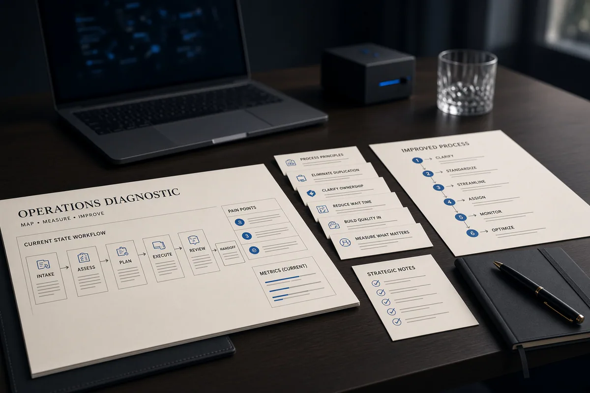 Documentos de diagnóstico operativo junto a una computadora portátil