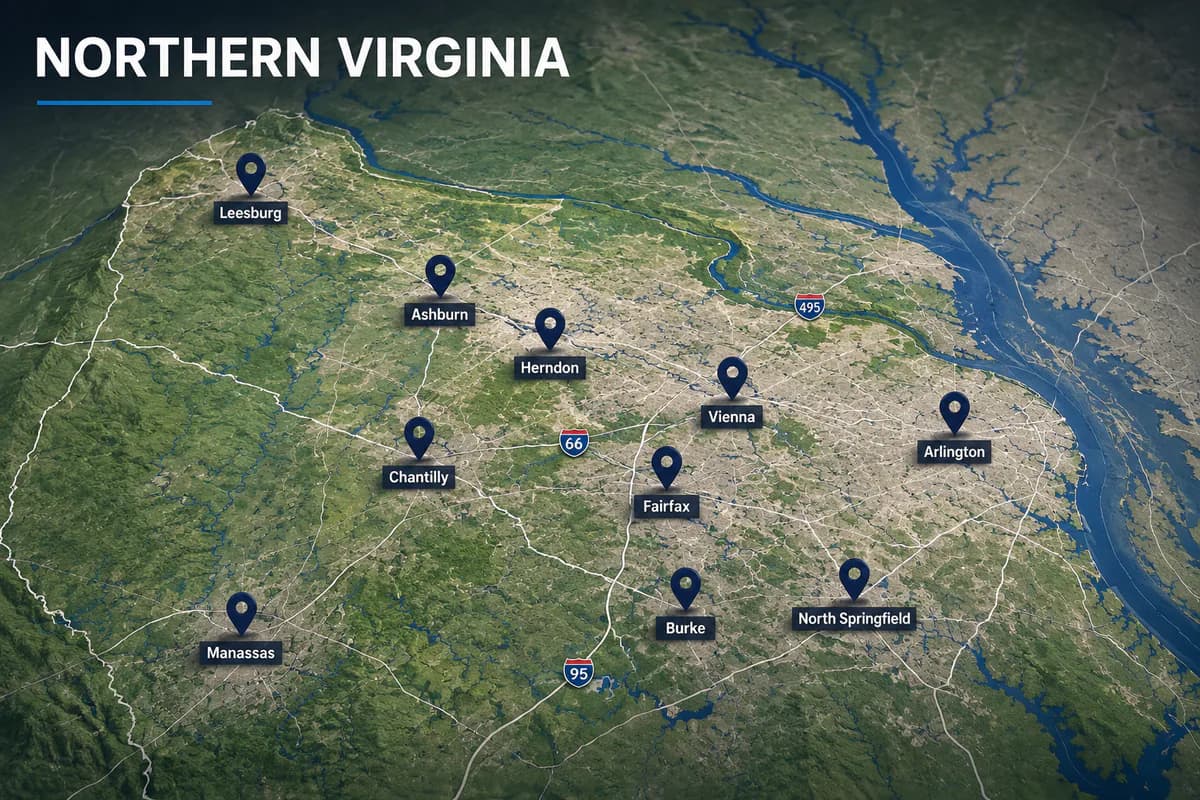 Mapa del norte de Virginia con diez ubicaciones operativas marcadas
