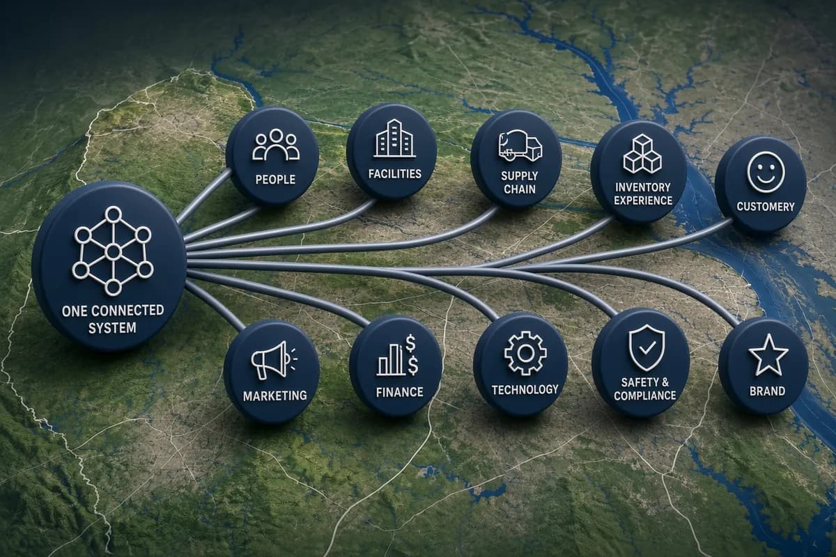 Business operations map showing one connected system across people, facilities, supply chain, inventory, customers, marketing, finance, technology, safety, and brand