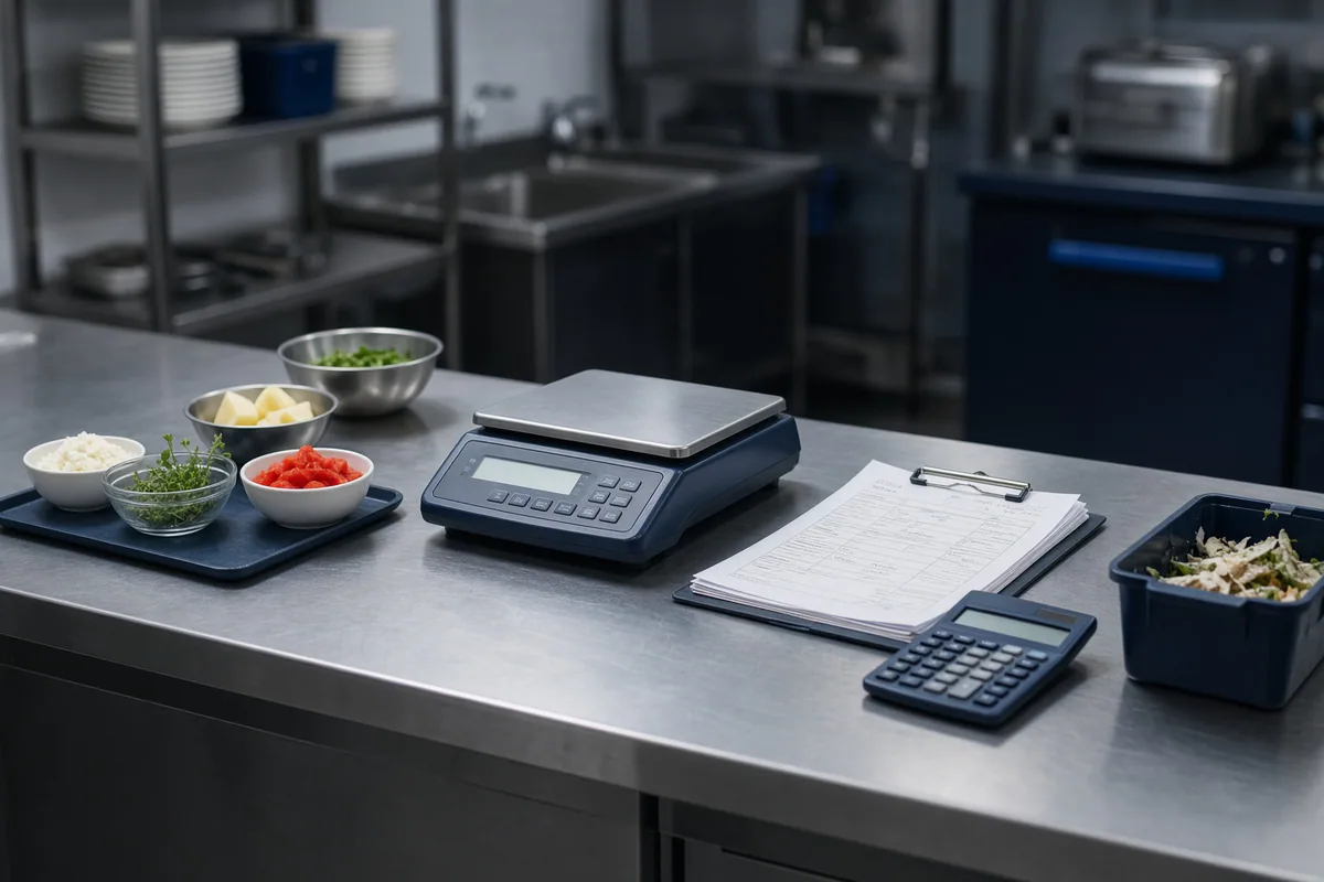 Estación de preparación de un restaurante con una balanza, una calculadora y documentos operativos
